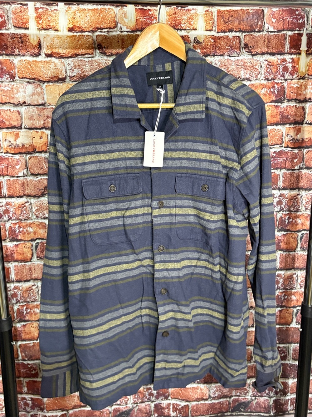 🔥 NWT Lucky Brand Navy & yellow Striped flannel Shirt Mens medium NeW